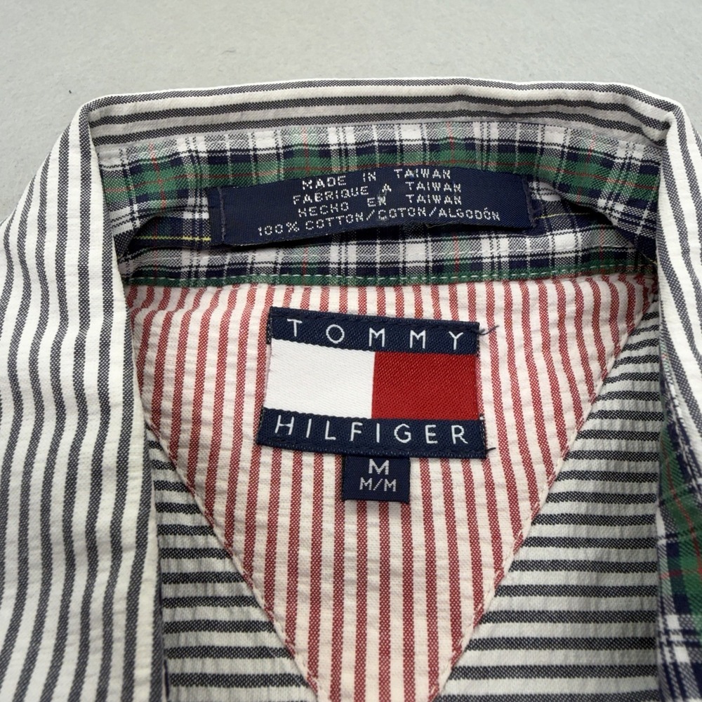 Tommy Hilfiger Men's M Blue/White Striped Short Sleeve Button-Up, Pockets - Picture 2 of 9